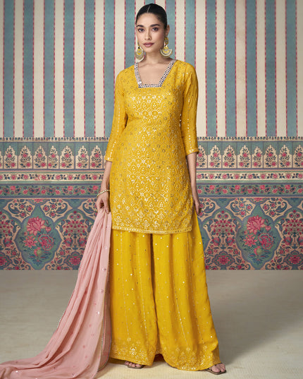 Sunny Yellow Chinnon Silk Embroidered Palazzo Kameez