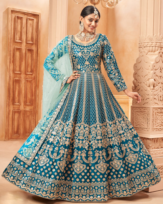 Stylish Peacock Blue Art Silk Embroidered Designer Anarkali Dress