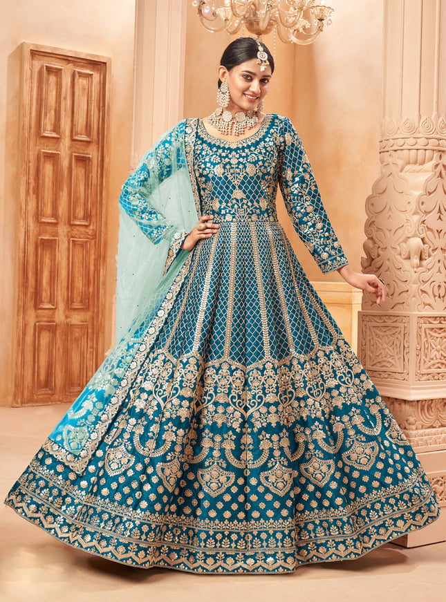 Stylish Peacock Blue Art Silk Embroidered Designer Anarkali Dress