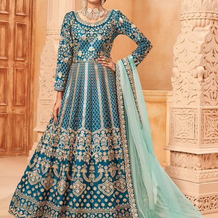 Stylish Peacock Blue Art Silk Embroidered Designer Anarkali Dress