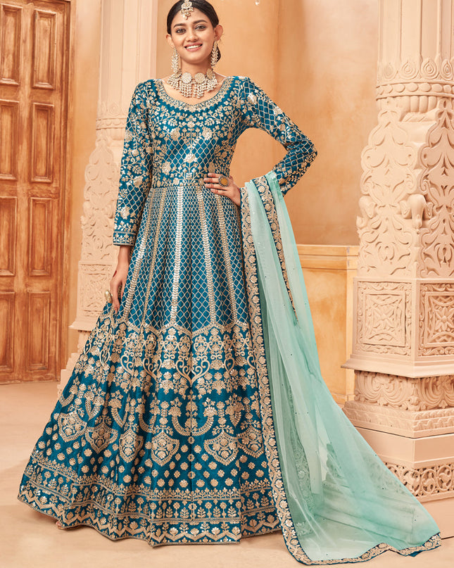 Stylish Peacock Blue Art Silk Embroidered Designer Anarkali Dress