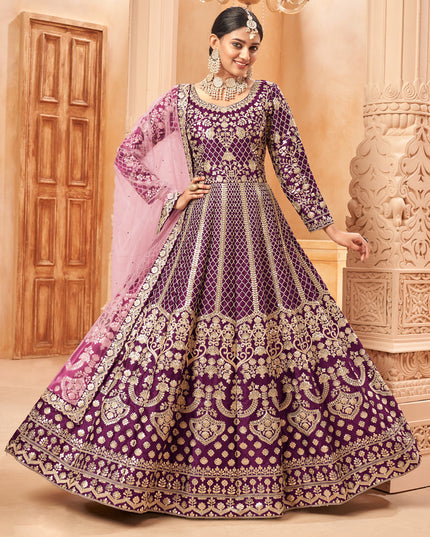 Dashing Wine Art Silk Embroidered Designer Anarkali Dress