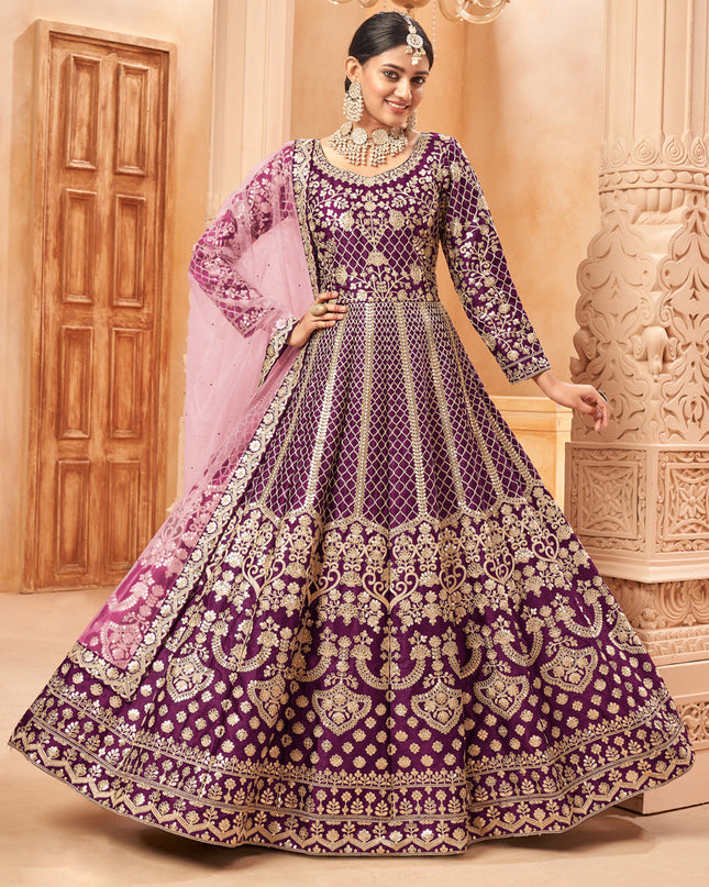 Dashing Wine Art Silk Embroidered Designer Anarkali Dress