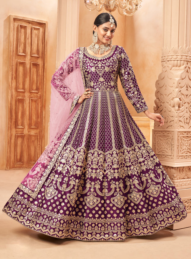 Dashing Wine Art Silk Embroidered Designer Anarkali Dress