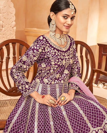 Dashing Wine Art Silk Embroidered Designer Anarkali Dress