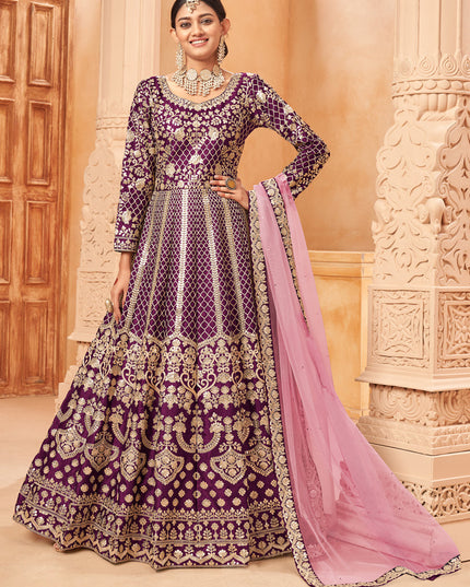 Dashing Wine Art Silk Embroidered Designer Anarkali Dress