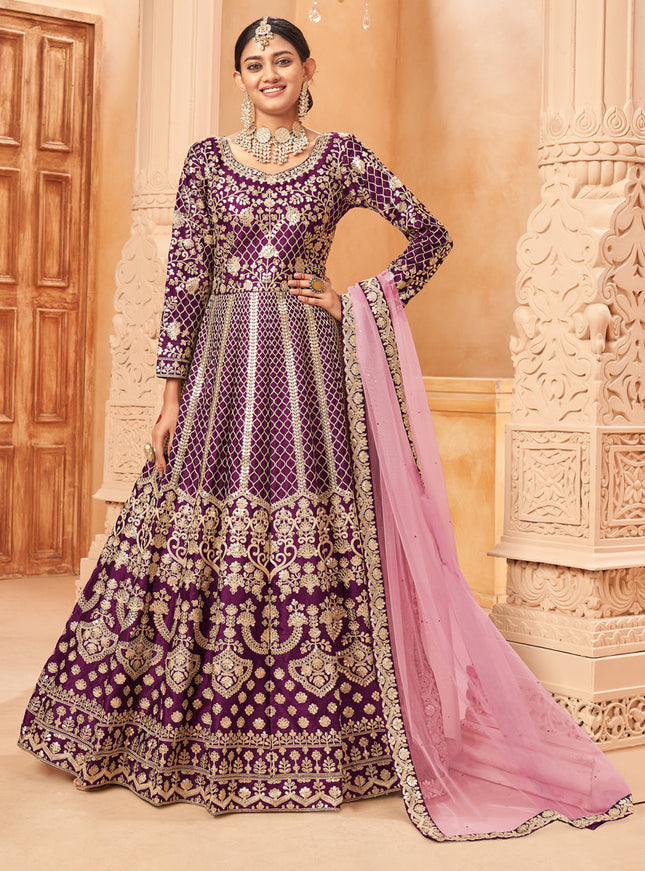 Dashing Wine Art Silk Embroidered Designer Anarkali Dress