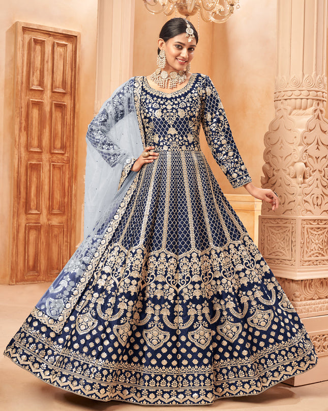 Graceful Midnight Blue Art Silk Embroidered Designer Anarkali Dress