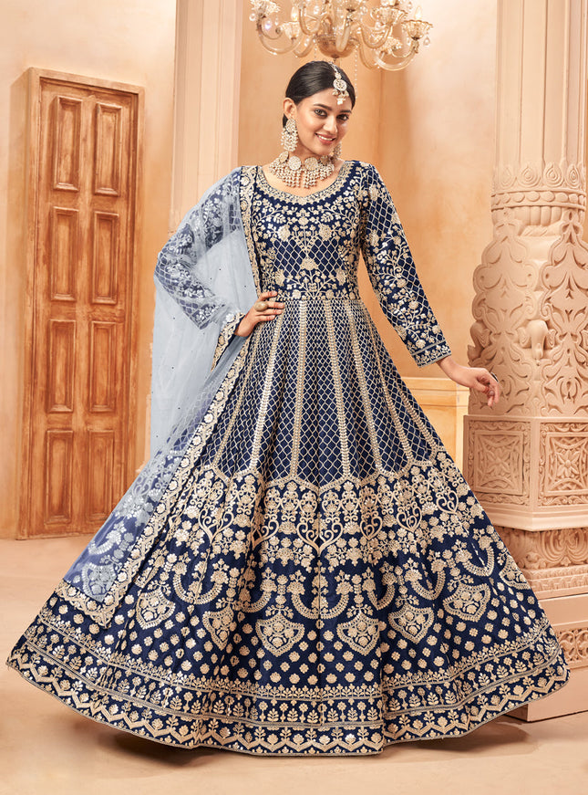 Graceful Midnight Blue Art Silk Embroidered Designer Anarkali Dress
