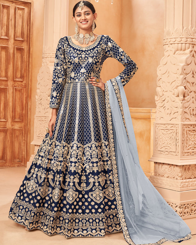 Graceful Midnight Blue Art Silk Embroidered Designer Anarkali Dress