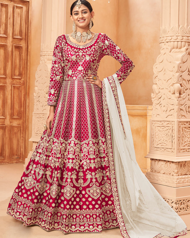 Charismatic Red Art Silk Embroidered Designer Anarkali Dress