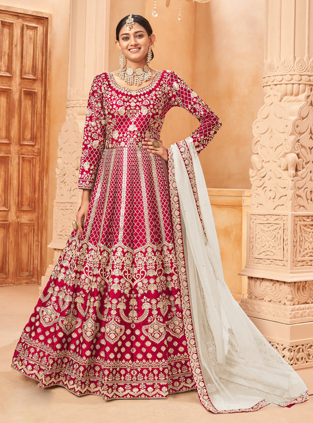 Charismatic Red Art Silk Embroidered Designer Anarkali Dress