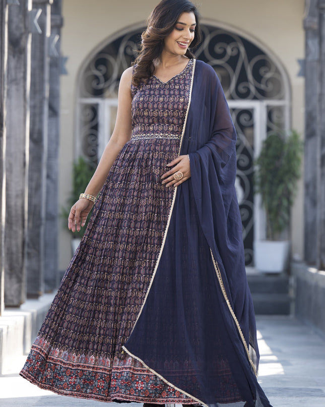 Midnight Blue Soft Dola Silk Anarkali Gown with Dupatta