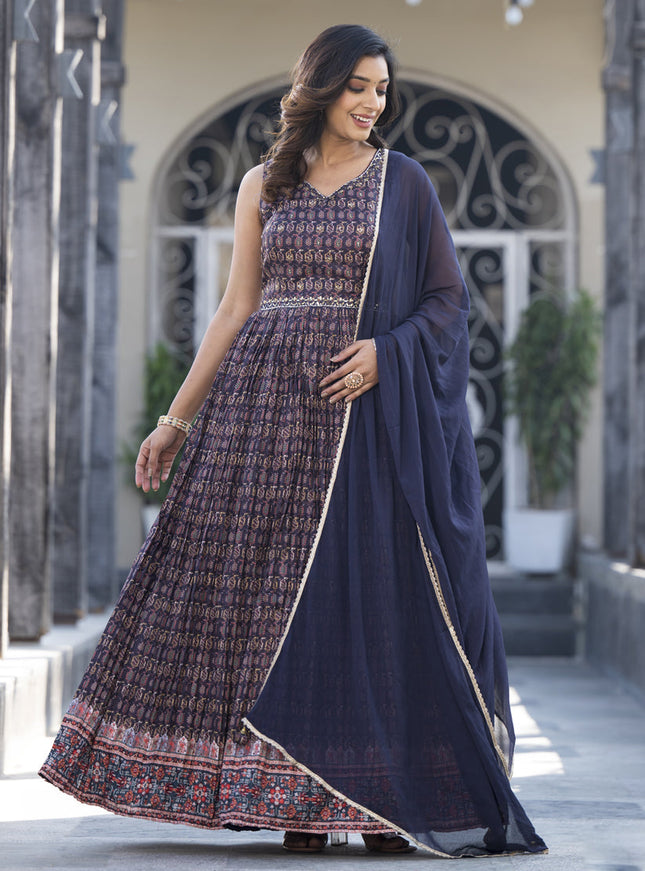 Midnight Blue Soft Dola Silk Anarkali Gown with Dupatta
