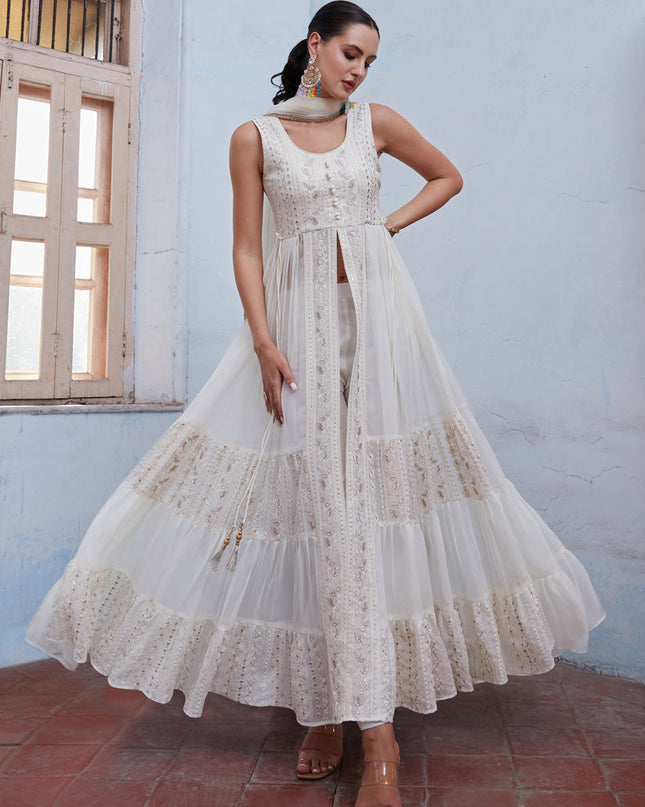 White Georgette Designer Pant Kameez Suit