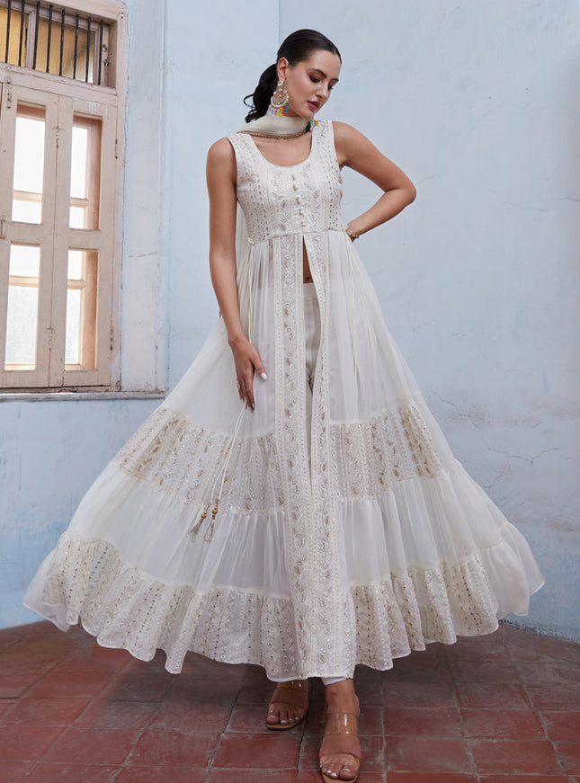 White Georgette Designer Pant Kameez Suit