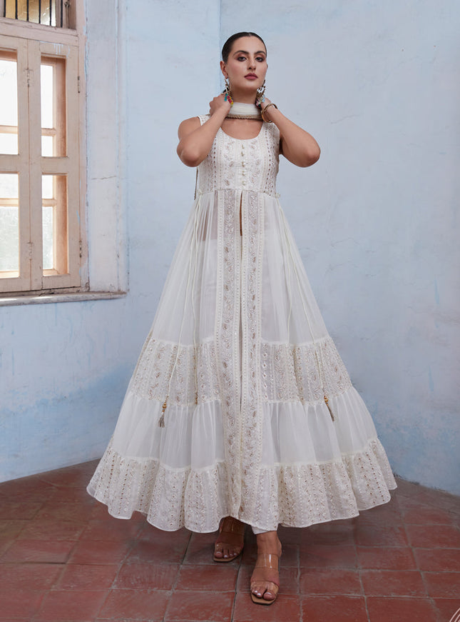 White Georgette Designer Pant Kameez Suit