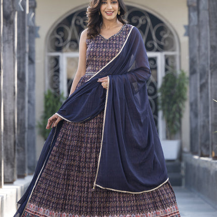 Midnight Blue Soft Dola Silk Anarkali Gown with Dupatta