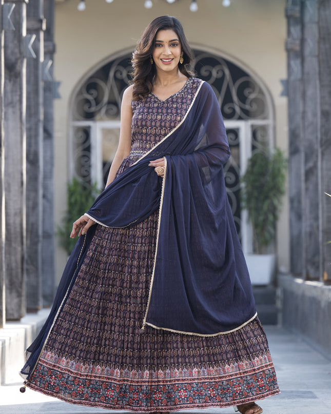 Midnight Blue Soft Dola Silk Anarkali Gown with Dupatta