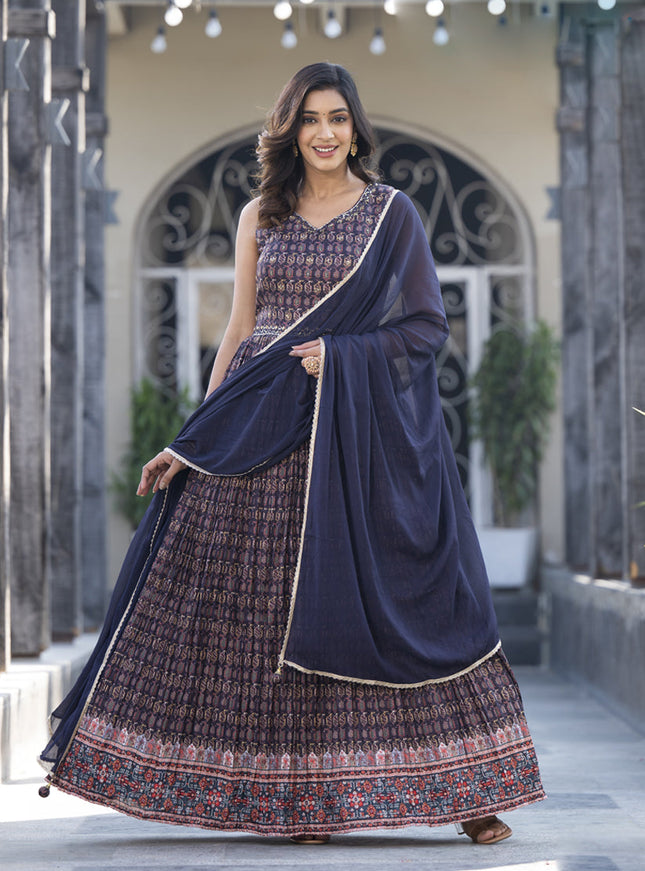 Midnight Blue Soft Dola Silk Anarkali Gown with Dupatta
