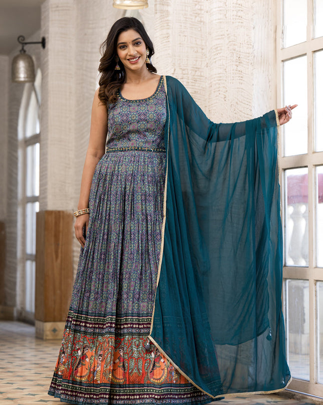 Multicolor Soft Dola Silk Anarkali Gown with Dupatta