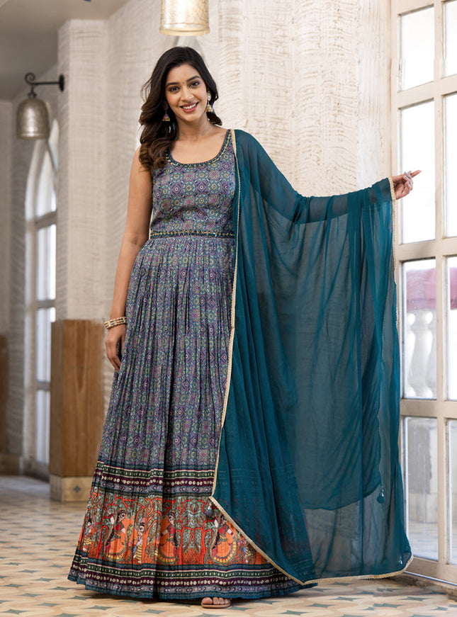 Multicolor Soft Dola Silk Anarkali Gown with Dupatta