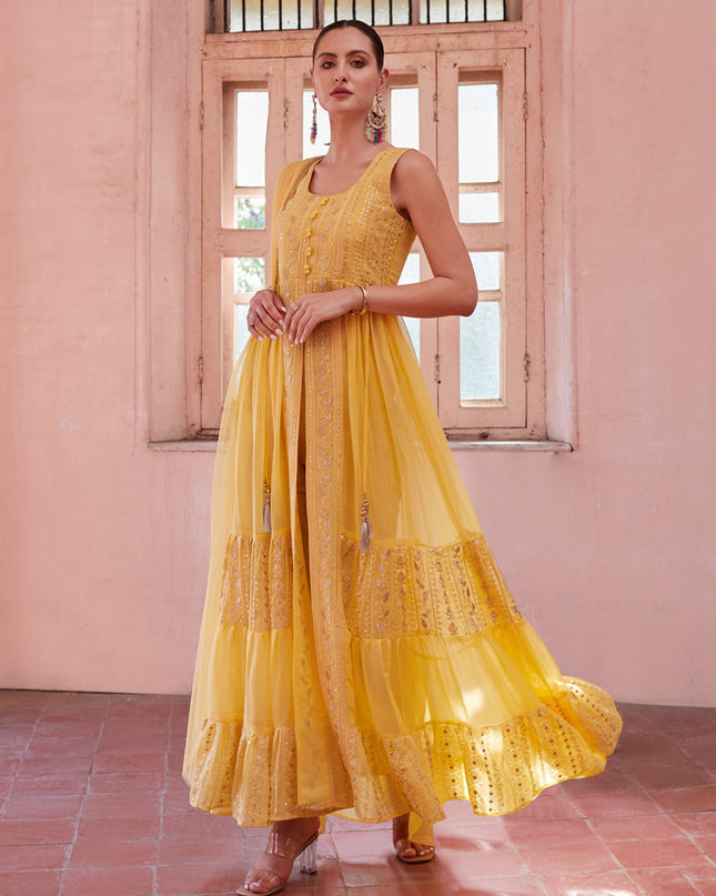 Golden Yellow Georgette Designer Pant Kameez Suit