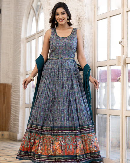 Multicolor Soft Dola Silk Anarkali Gown with Dupatta