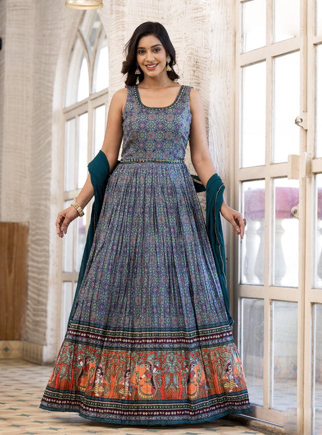 Multicolor Soft Dola Silk Anarkali Gown with Dupatta