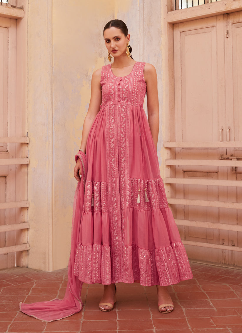 Rouge Pink Georgette Designer Pant Kameez Suit