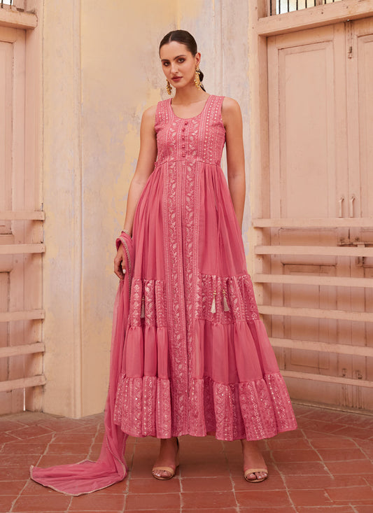Rouge Pink Georgette Designer Pant Kameez Suit