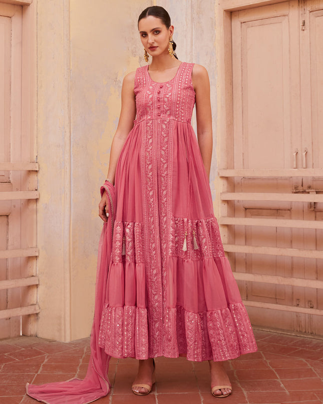 Rouge Pink Georgette Designer Pant Kameez Suit