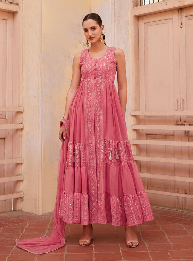 Rouge Pink Georgette Designer Pant Kameez Suit