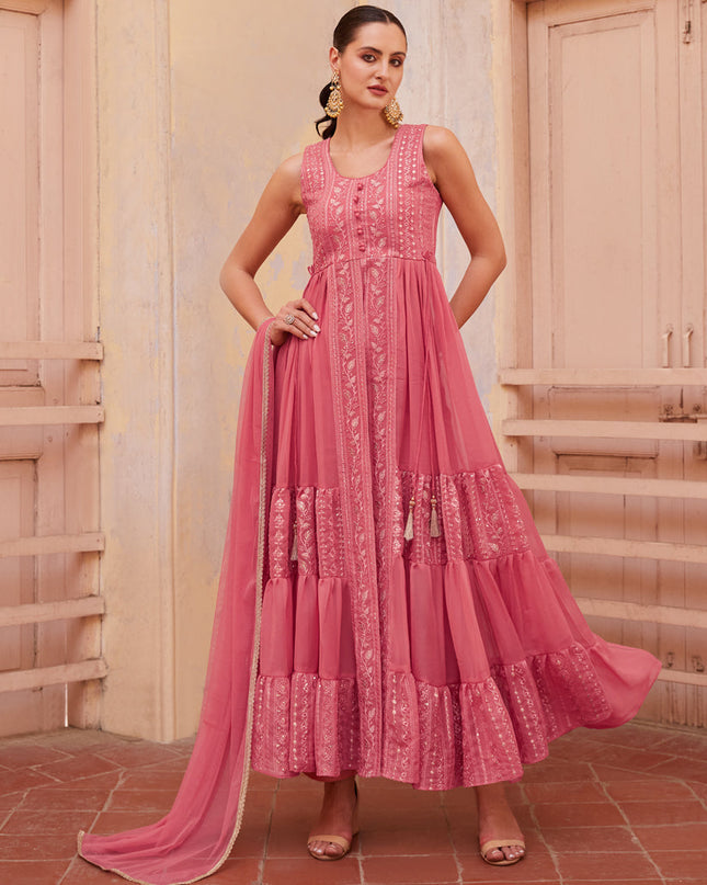 Rouge Pink Georgette Designer Pant Kameez Suit