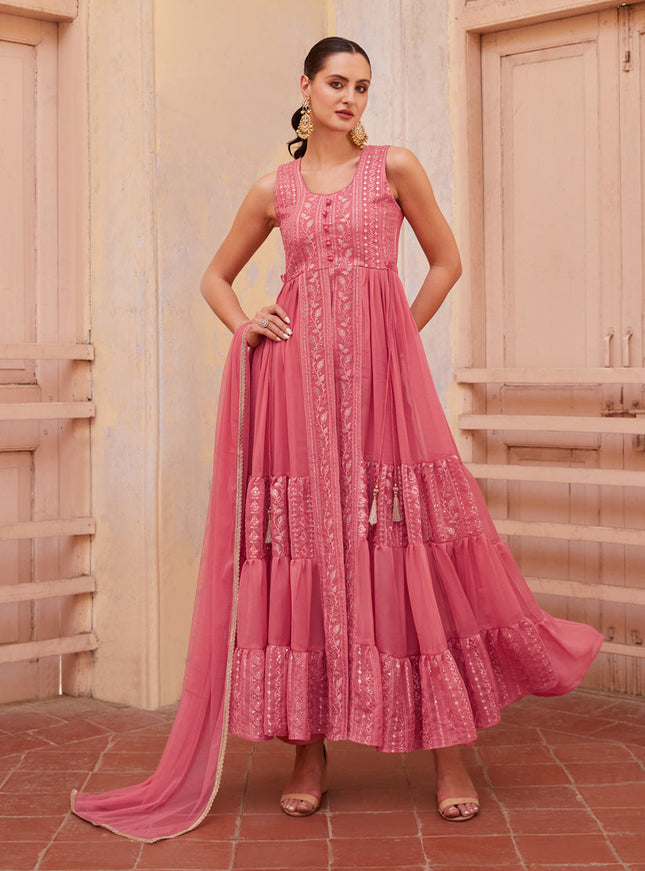 Rouge Pink Georgette Designer Pant Kameez Suit