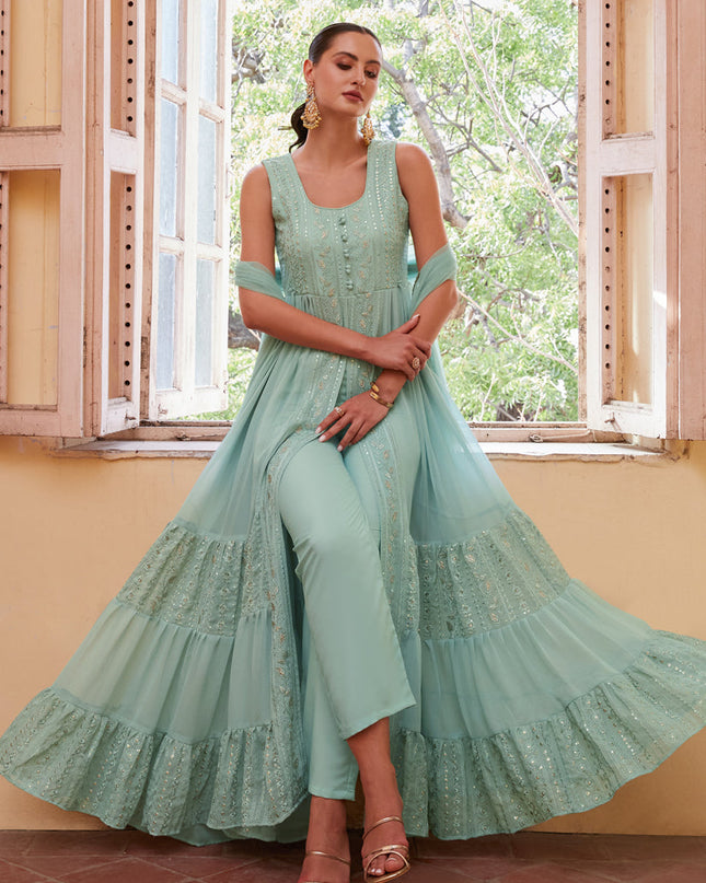Mint Blue Georgette Designer Pant Kameez Suit