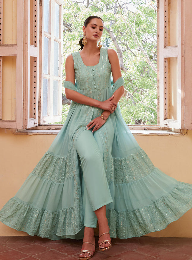 Mint Blue Georgette Designer Pant Kameez Suit