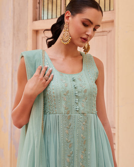 Mint Blue Georgette Designer Pant Kameez Suit