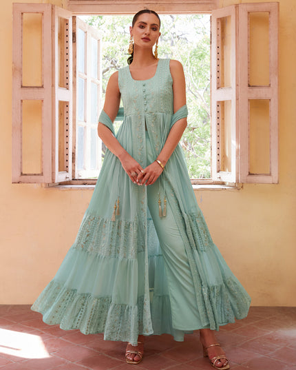 Mint Blue Georgette Designer Pant Kameez Suit