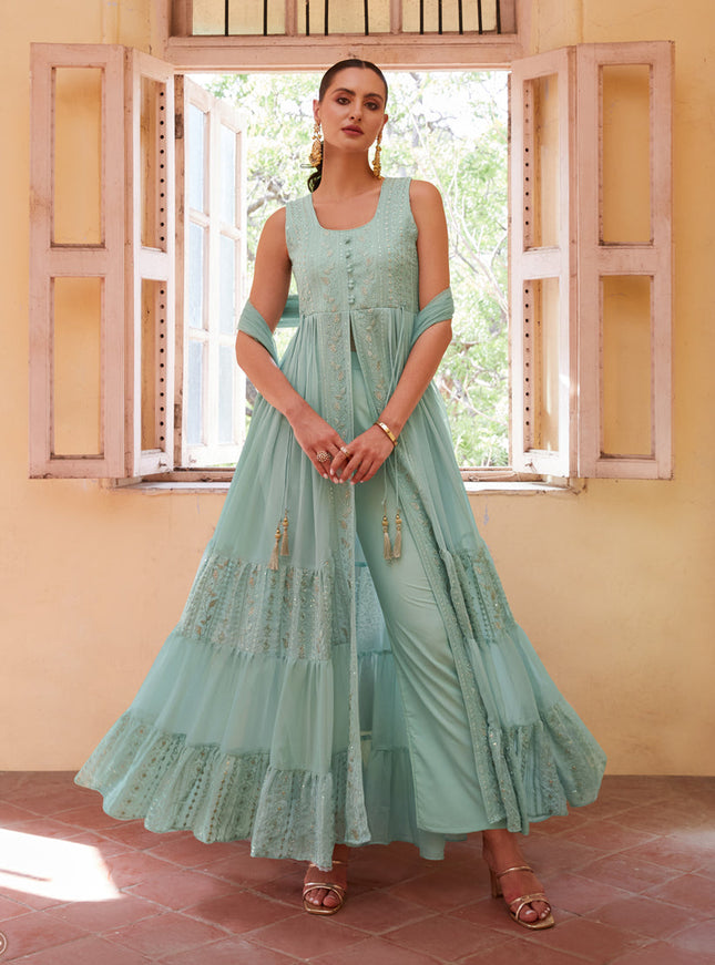 Mint Blue Georgette Designer Pant Kameez Suit