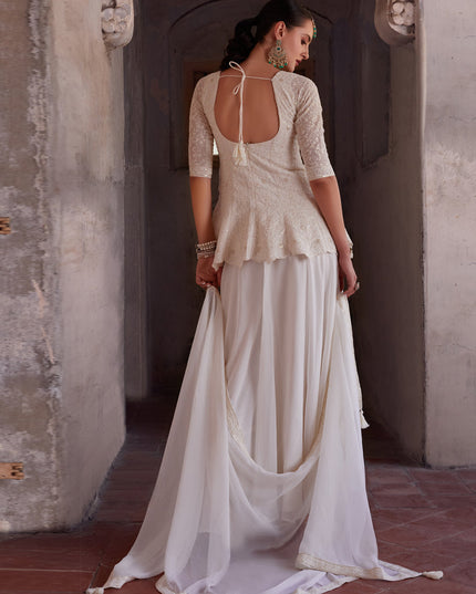 Off White Embroidered Georgette Designer Indo Western