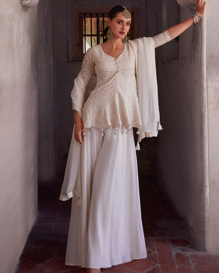 Off White Embroidered Georgette Designer Indo Western