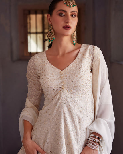 Off White Embroidered Georgette Designer Indo Western