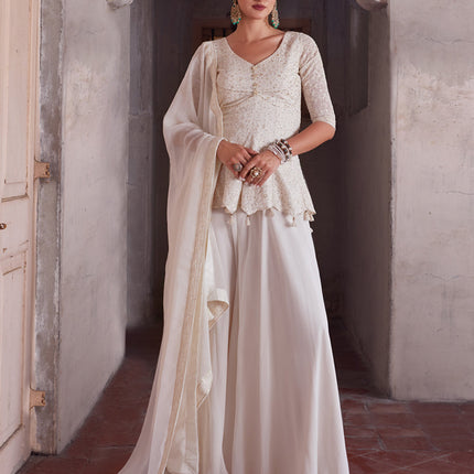 Off White Embroidered Georgette Designer Indo Western