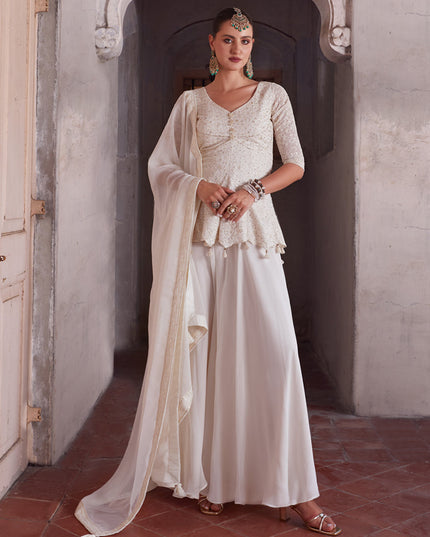 Off White Embroidered Georgette Designer Indo Western