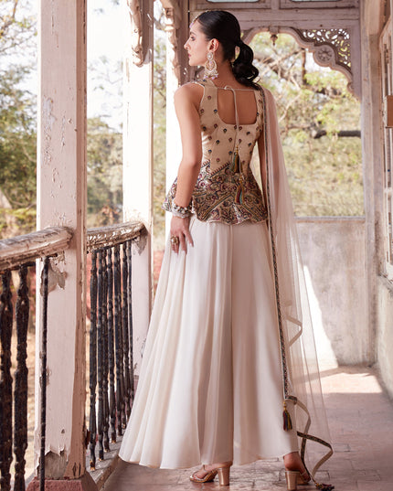 Off White Embroidered Satin Designer Indo Western