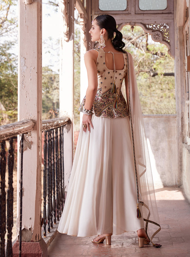Off White Embroidered Satin Designer Indo Western
