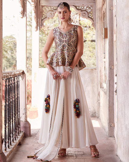 Off White Embroidered Satin Designer Indo Western
