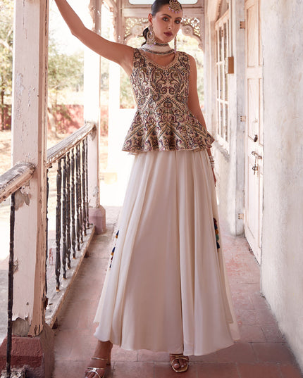 Off White Embroidered Satin Designer Indo Western