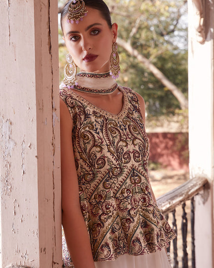 Off White Embroidered Satin Designer Indo Western